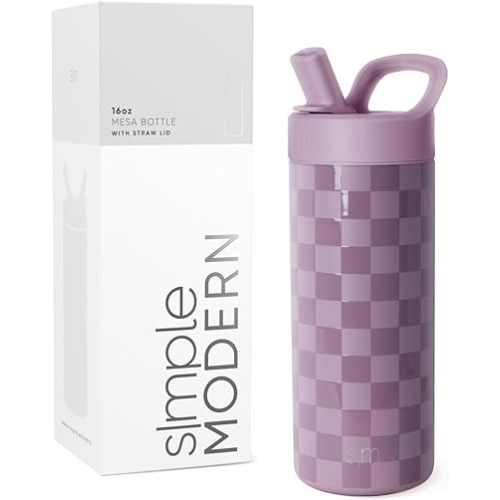Simple Modern Kids Water Bottle with Straw lid | Insulated Stainless Steel | Reusable Thermos for Girls, School & Sports | Leak Proof & BPA Free | Mesa Collection | 16oz, Lavender Checkmate