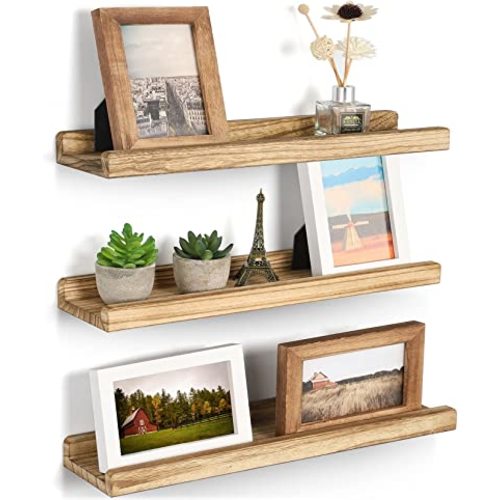 Emfogo Floating Shelves for Wall, 16.9 inch Wood Wall Shelves with Ledge, Floating Shelf Picture Ledge Set of 3 for Living Room Bedroom Kitchen Display and Storage(Rustic Brown)