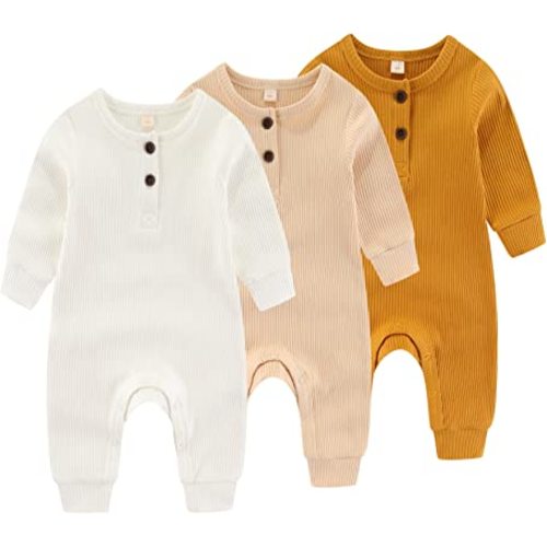 Newborn Baby Boys Girls One Piece Romper With Mitten Cuffs 3 Pack Long Sleeve Ribbed Button Jumpsuit Outfit Clothes