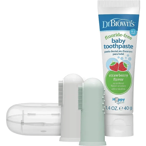 Dr. Brown's 100% Silicone Baby Finger Toothbrush and Toothpaste Set, 2-Pack Toothbrush with Storage Case, Fluoride-Free Strawberry Toddler Toothpaste, Gray & Light-Green