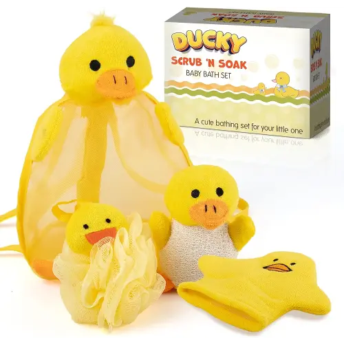 Ducky Scrub 'N Soak Baby Loofah for Bathing Set for Kids Body Scrubber Cute Cartoon Kids Loofah Baby Bath Scrubber for Children Shower Washing Exfoliating, Baby Bath Sponge Yellow Duck Included