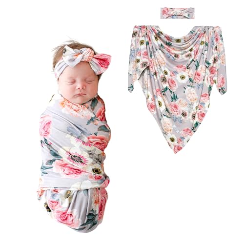 Posh Peanut Swaddle Blanket & Headband Set – Viscose from Bamboo Stretchy Baby Swaddle for Newborn Girls, Receiving Blanket or Nursing Cover