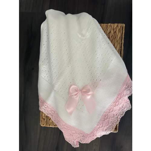 White Baby Knit Blanket With Embroidered Lace Details And Satin Bow in Pink