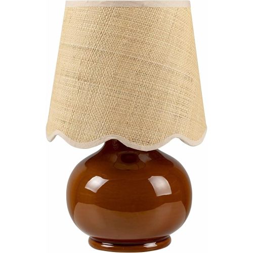 Theisseil Boho Ceramic Bedside Table Lamp for Bedroom Nightstand and Living Room - Shade Rattan - Brown, Rust, Beige - 13" H
