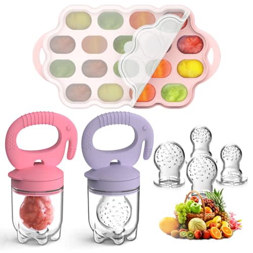 Tohecu Silicone Baby Food Teether Feeder with Breastmilk Popsicle Molds Combo, BPA Free Baby Fruit Food Feeder Pacifier, Teething Popsicle for Baby 4m+, 3 Sizes Food Pouches Included