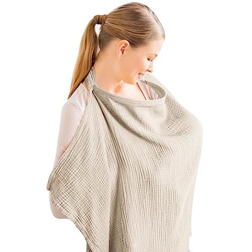 Konssy Muslin Nursing Cover for Baby Breastfeeding, Breathable 100% Cotton Breastfeeding Cover with Rigid Hoop for Mother Nursing Apron, Multi-use Carseat Canopy (Summer Wheat)