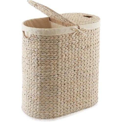 Casafield Oval Laundry Hamper with Lids and Removable Liner Bags - Whitewash, Woven Water Hyacinth 2-Section Laundry Basket Sorter for Clothes, Towels