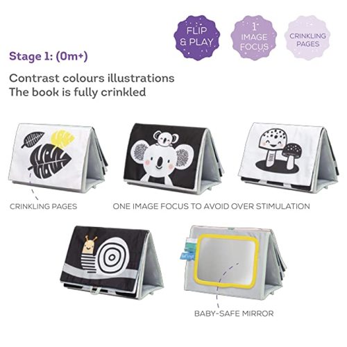 Taf Toys Koala Infant Tummy-time High Contrast Soft Crinkle Activity Book with Huge Baby Safe Mirror, 3D Activities, Textures and a Soft Baby Teether