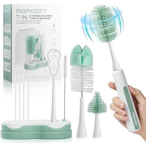 Momcozy 7 in 1 Electric Bottle Brush Kit, Portable Cleaning Set with Formula Mixer, Silicone Brush, Nipple Brush, Straw Brush, Soap Dispenser, Drying Rack - Long Battery Life for Home & Travel