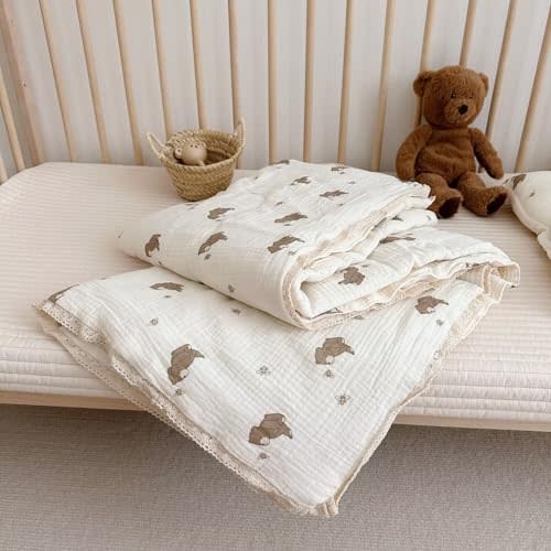 BuLuTu 100% Muslin Toddler Quilt Thin Crib Comforter Girls Boys Quilted Blankets, 47"x59", 1.5 Pounds, Soft Breathable Muslin Cotton Quilts, Bee Bear Pattern, Machine Washable