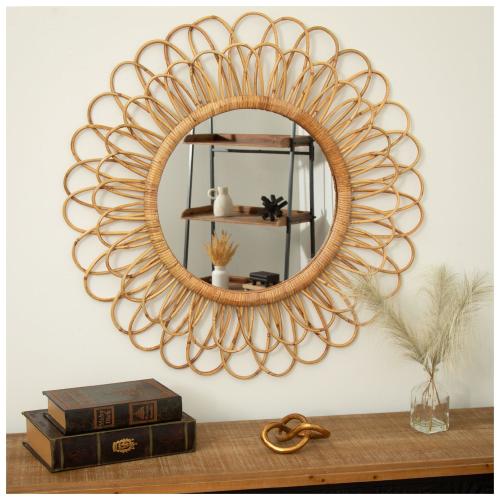 Boho Rattan Flower Round Wall Mirror