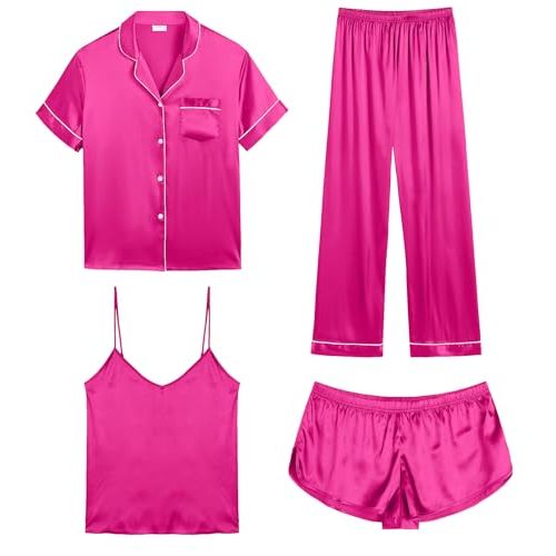 SWOMOG Womens Silk Satin Pajamas Sets 4pcs Sleepwear Sexy Cami Shorts Set and Button Down Short Sleeve Pjs Loungewear