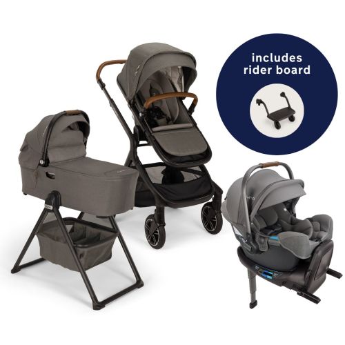 Nuna DEMI Next Stroller with Rider Board + DEMI Next Bassinet with Stand + PIPA RX Travel System Bundle - Granite