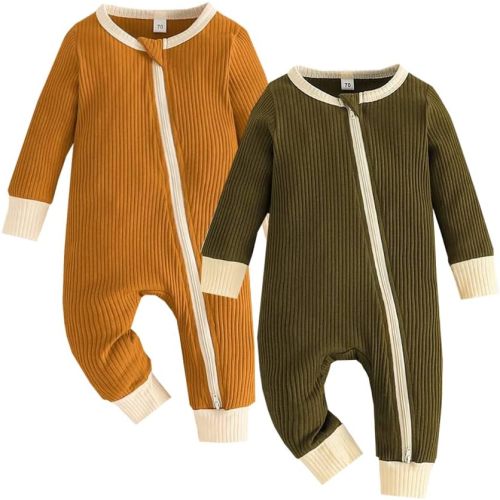 Bafeicao Unisex Baby Boy Girl 2 Pack Rompers Long Sleeve Two Way Zipper Romper One Piece Jumpsuits Clothes Sets - 12-18 Months - Yellow+army Green