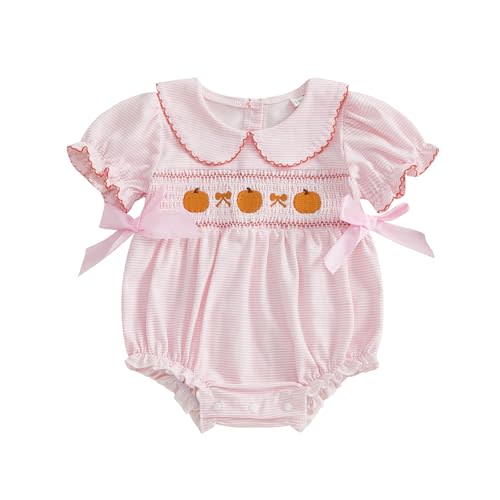 Adobabirl My First Halloween Baby Girl Outfit Pumpkin Embroidery Bubble Romper Short Sleeve Bow Jumpsuit Smocked Clothes