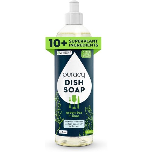 Puracy Natural Dish Soap - Skin-Softening Plant-Based Dishwashing Soap, Non-Toxic Dish Soap, Organic Liquid Dishwashing Detergent Soap (Green Tea & Lime, 16 fl oz)