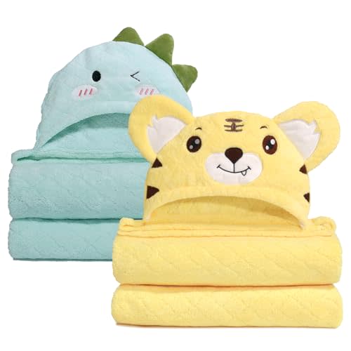 WODHOY Extra Large Baby Bath Towels Hooded, 50 x 32 Inch Large Toddler Towel with Hood Set, Animal Face Hooded for Kids Boy&Girl, Yellow Tiger & Green Dinosaur