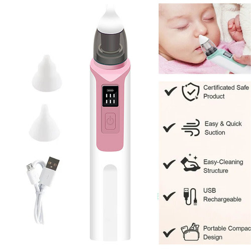 Puseky Rechargeable Electric Baby Nasal Aspirator - Adjustable Suction Levels, 2 Silicone Tips - Gentle Nose Cleaner for Newborns, Infants, Toddlers (Pink）