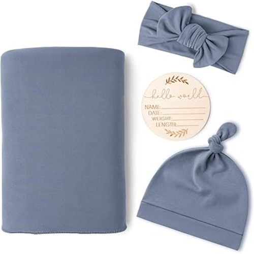 Konssy Baby Newborn Receiving Blanket with Matching Headband and Beanie Set Baby Swaddle Nursery Swaddle Wrap