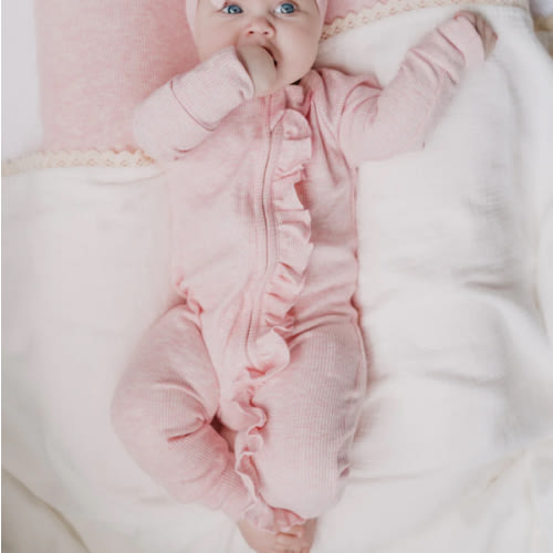 Frill Zip Romper | Baby Pink Marle Waffle – Little and Fern