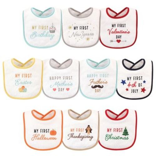 Hudson Baby Infant Cotton Terry Drooler Bibs With Fiber Filling 10pk, Holiday Birthday, One Size