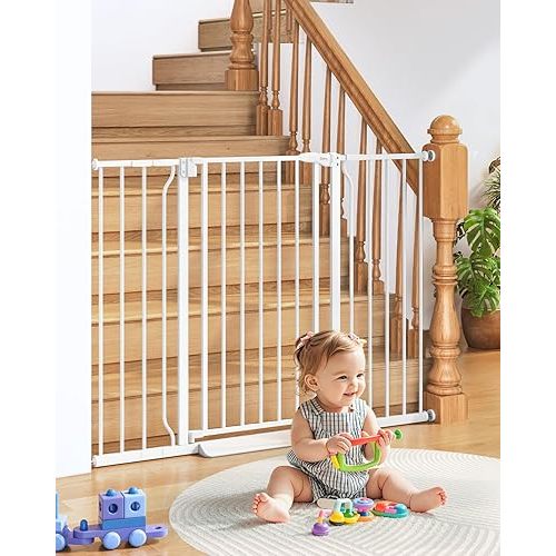 White 34" Extra Tall 29"-51" Wide Baby Gate for Stairs, Auto Close Stroller Friendly Dog Gate for Doorways, Pressure Mounted Baby Gate, Easy Walk Through Gate for Children & Pets,