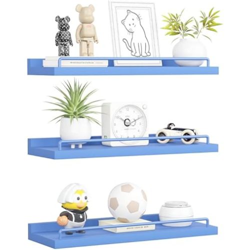 Blue Floating Shelves, Room Decor Shelves,Pink Kawaii Room Decor Wall Shelves for Living Room, Bedroom, Picture Frames, Plants, Kitchen, Set of 3 (Blue)
