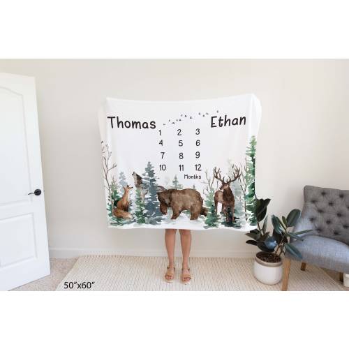 Twins Milestone Blanket Boys, Woodland Baby Monthly Growth, Forest animals Milestone, Baby Age Blanket, Twins Newborn Gift - Enf