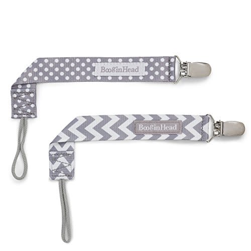 BooginHead Baby Newborn PaciGrip Pacifier Clip, Holder, Toy, Teether, Soothie, Universal Loop Girl, Boy, Gray Chevron, Gray Polka Dots, 2 Pack