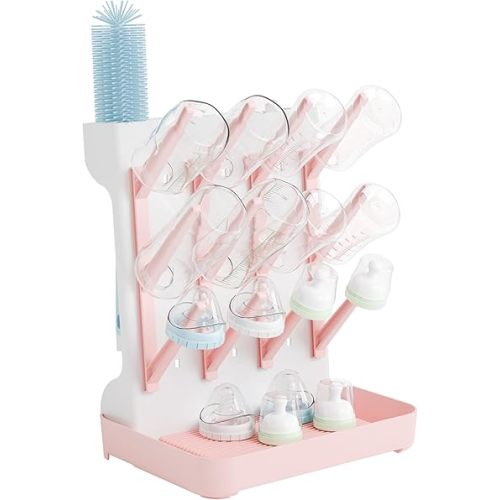 SuoXing Baby Bottle Drying Rack Space Saving,BPA Free Countertop Vertical Bottle Rack Dryer & Holder for Baby,Large Baby Bottle Station Organizer and Stand for Brushes,Pacifiers,Breast Pump,Dish,Pink