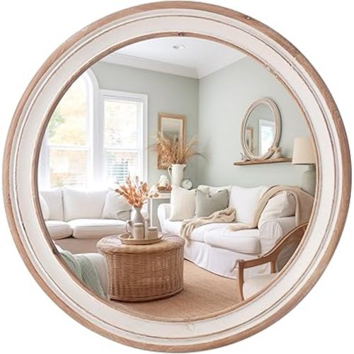 sawsile Round Wooden Mirror,24" Farmhouse Rustic Circle Mirror,White Beads Vanity Accent Decorative Mirrors for Fireplace,Bathroom,Hallway,Bedroom,Living Room