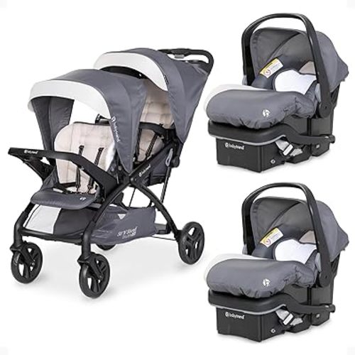 Baby Trend Sit N' Stand Double Stroller w/ 2 Pack EZ-Lift Plus Infant Car Seats, Magnolia - Lightweight Tandem and Travel Stroller with Carseat System for Toddlers