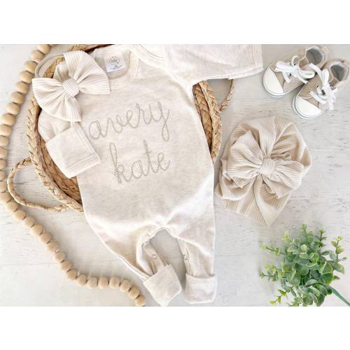 Personalized oatmeal and beige vintage stitch romper with bow or hat, custom gender neutral coming home outfit, baby shower gift