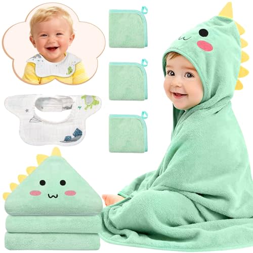 5 Pcs Baby Towel Set, 32x32 in Hooded Bath Towel, 3 Pcs Baby Washcloths and Cotton Baby Bibs for Newborns, Toddlers and Kids, Soft Baby Towels and Washcloths Set for Boys and Girls (Green Dinosaur)