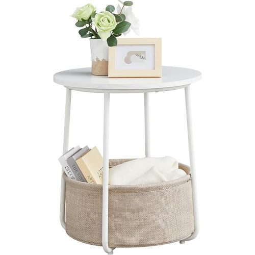 VASAGLE End Table, Small Bedside Table with Fabric Basket, Modern Nightstand, Round Side Table, for Living Room, Bedroom, Matte White and Camel Brown ULET223W10
