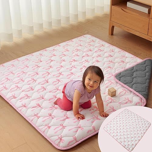 Mifoci Pink Bow Baby Play Mats for Floor, 50x50 Crawling Mat for Playpen Thick Cushioning Padding Foam Playmat Non Slip Foldable Machine Washable for Baby and Toddlers Infants