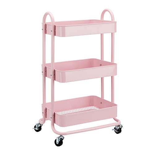 Amazon Basics 3-Tier Rolling Utility or Kitchen Cart, Lockable Wheels, Multifunctional Storage, Dusty Pink
