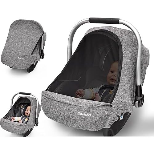Baby Car Seat Cover, Large Mesh Window, Breathable Fabric, Infant Windproof Canopy, Universal Fit CarSeat Covers for Babies, Machine Washable, Gray