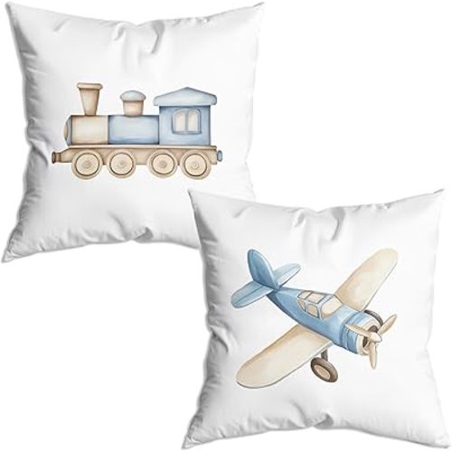 Vehicle Nursery Pillow Covers 18x18 Set of 2, Kids Room Decor, Watercolor Blue Train Aircraft Pillow Covers for Kids Boys Room Nursery Playroom