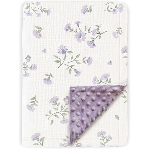 BOPRIO Baby Blankets for Unisex Boys Girls Super Soft Nursery Minky Blankets with Breathable Muslin Cotton Front and 3D Touch Dotted Fleece Backing, Floral Printed Bed Throws Newborn