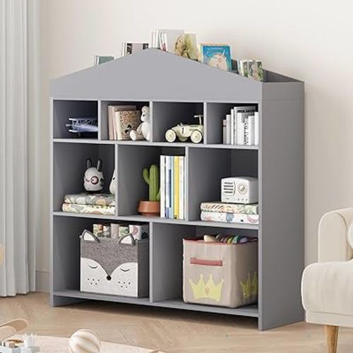 Wooden Toy Storage Organizer, 9-Cubby, Bookshelf 40.7in for Playroom, Nursery, Kids Room, Grey