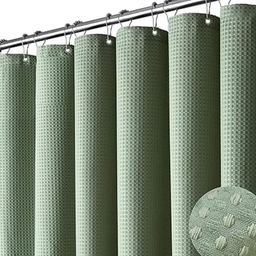 Dynamene Sage Green Shower Curtain - Waffle Textured Heavy Duty Thick Fabric Shower Curtains for Bathroom, 256GSM Luxury Weighted Polyester Cloth Bath Curtain Set with 12 Plastic Hooks,72Wx72H,Green