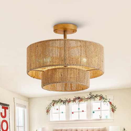 Bohemian Brown Hemp Rope 3-Light Semi-Flush Mount Ceiling Light - 15.4" W x 12.6" H