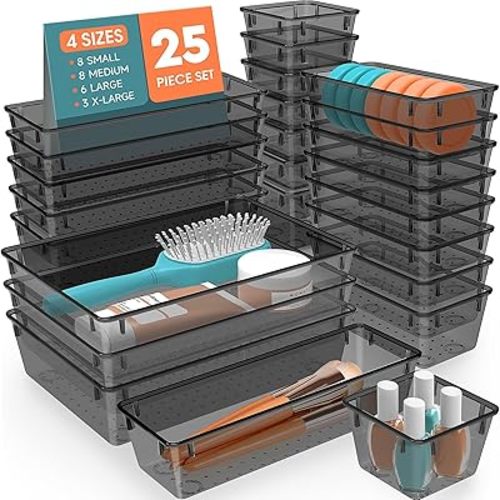 25 PCS Plastic Drawer Organizer Set, 4-Size Versatile Organizer Trays & storage Bins for Makeup, Jewelry, and Gadgets in Bathroom, Bedroom and Office, Black
