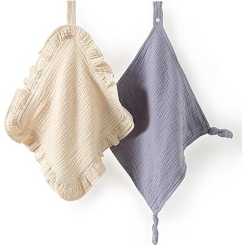 Loveys for Babies, 2 Pack Organic Cotton Muslin with Attachable Snap Closure - Loveys for Babies Newborn Baby Lovey Security Blankets for Babies Baby Blanket (Khaki)