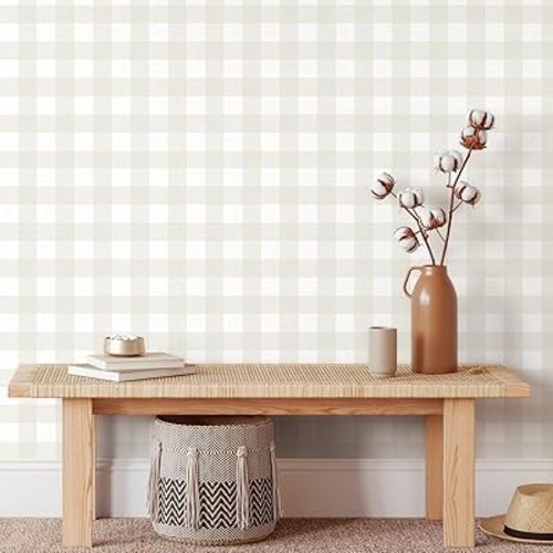 Cohoo Home Plaid Peel and Stick Wallpaper Boho Plaid Contact Paper for Cabinets Checkered Neutral Contact Paper Self Adhesive Removable Wallpaper for Bathroom Nursery Waterproof 17.3inW 78.7inL
