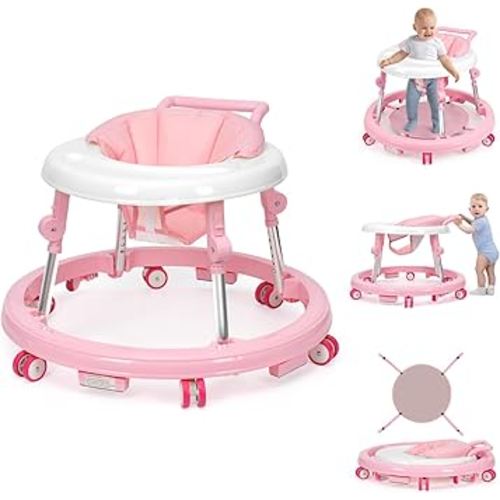 Baby Walker Foldable with 9 Adjustable Heights, Baby Walker with Wheels Portable, Infant Toddler Walker for Baby Boy Girls 6-18 Months (Pink)