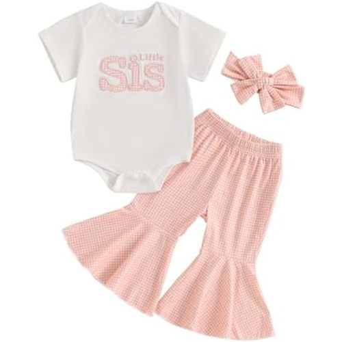 Big Sister Little Sister Matching Outfits Summer Clothes Short Sleeve Romper Big Sister Shirt Bell Bottoms Set