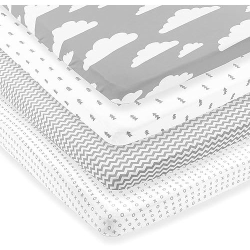 Pack n Play Sheets – Premium Pack and Play Sheets 4 Pack – 100% Super Soft Jersey Knit Cotton Playard Mattress Sheets – Portable Playpen Fitted Play Yard Mini Crib Sheet for Boy & Girl (24 x 38 x 5)
