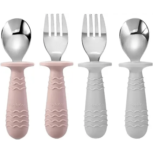PandaEar 4 Set Baby Toddler Silicone Stainless Steel Utensils Silverware Spoon Fork for Baby Toddler BPA Free with Silicone Holding Anti-Choke Design (Pink&Grey)